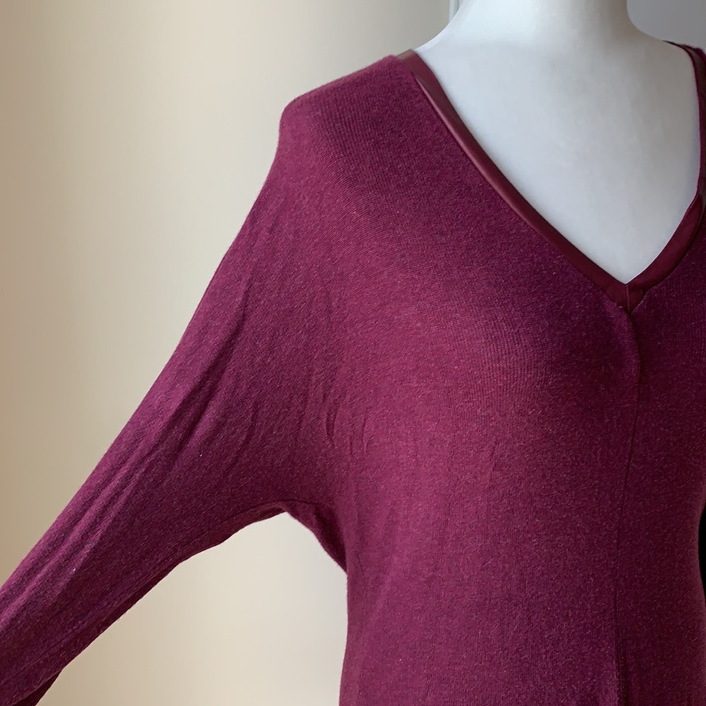 Burgundy Bordeaux Sweater with Bat Wings & Leather Vneck Detail S Anthro… - Picture 3 of 6